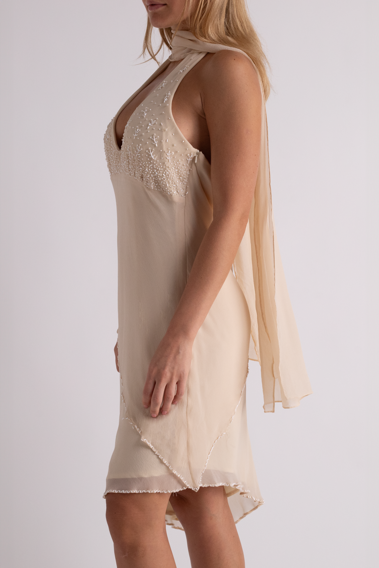 90's Cream Beaded Silk Halter Dress with Neck Scarf