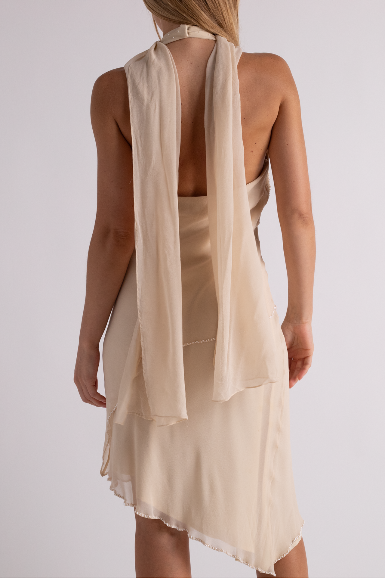 90's Cream Beaded Silk Halter Dress with Neck Scarf
