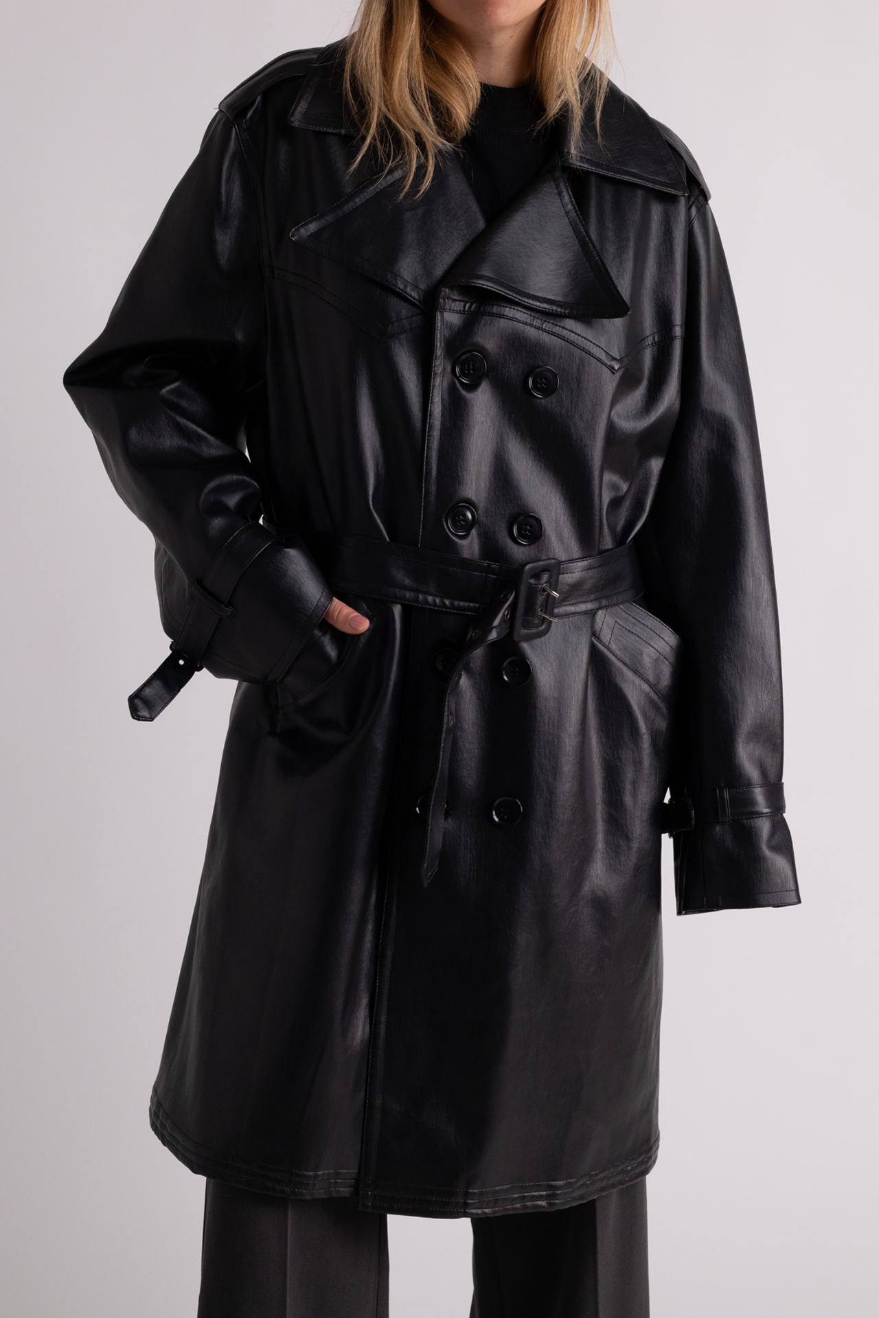 Black Oversized Leather Trench Coat