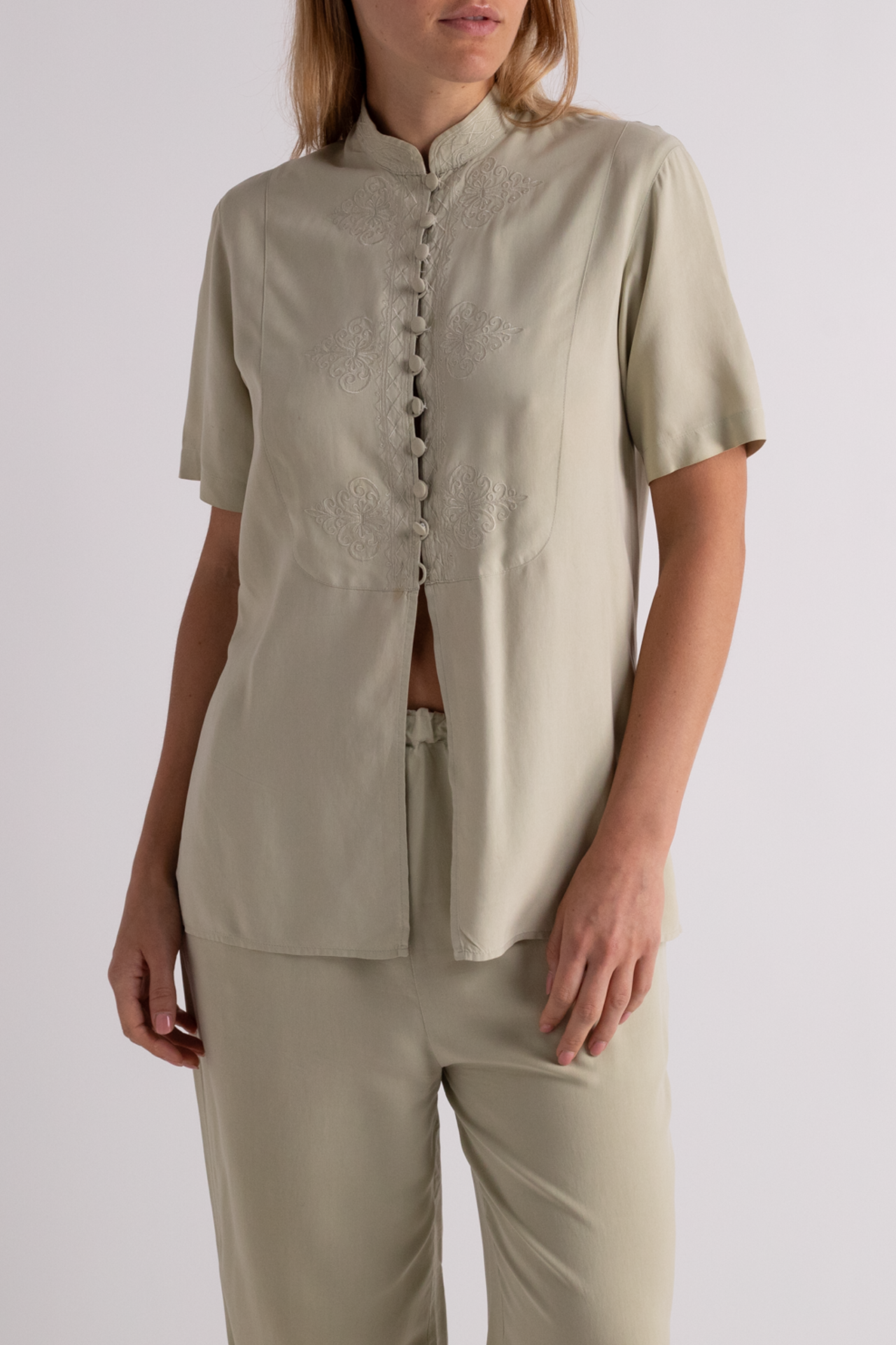 Vintage Silk House Two Piece Green Silk Pant Set
