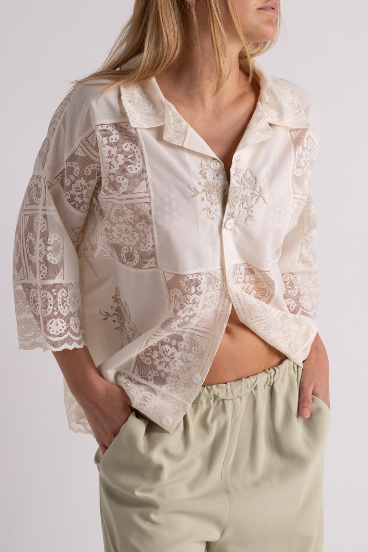 Linen Lace Button Up Top