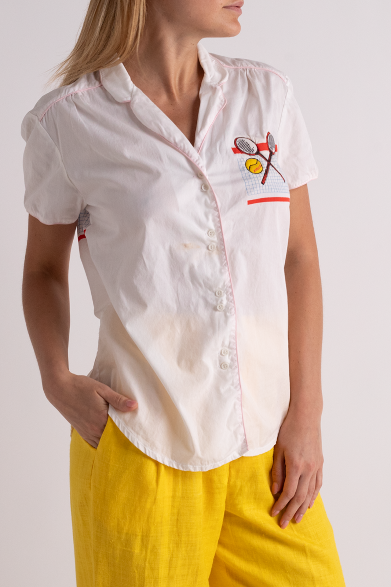 90's Cotton Button Up Shirt with Tennis Embroidery
