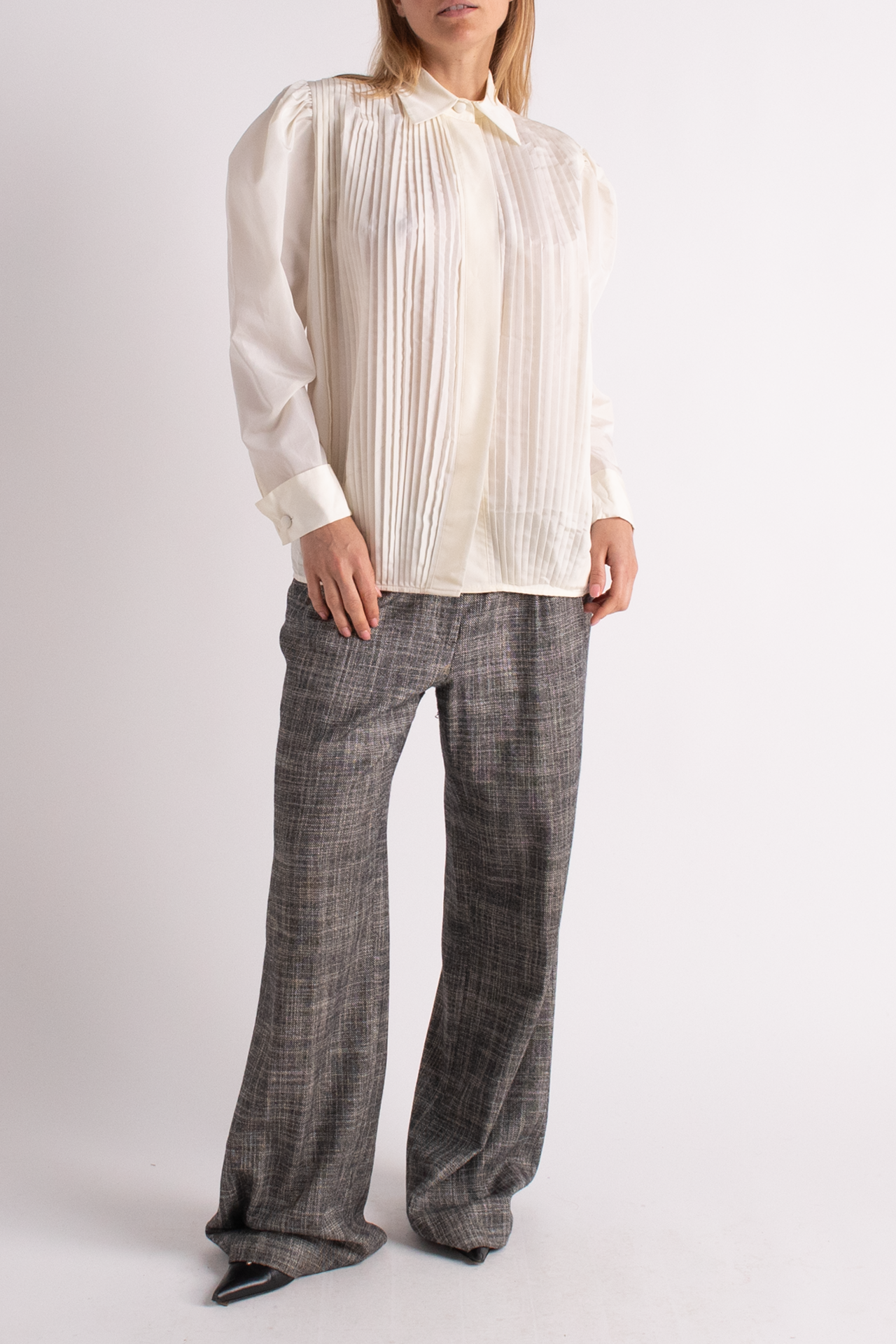 Vintage White Pleated Button Down Top