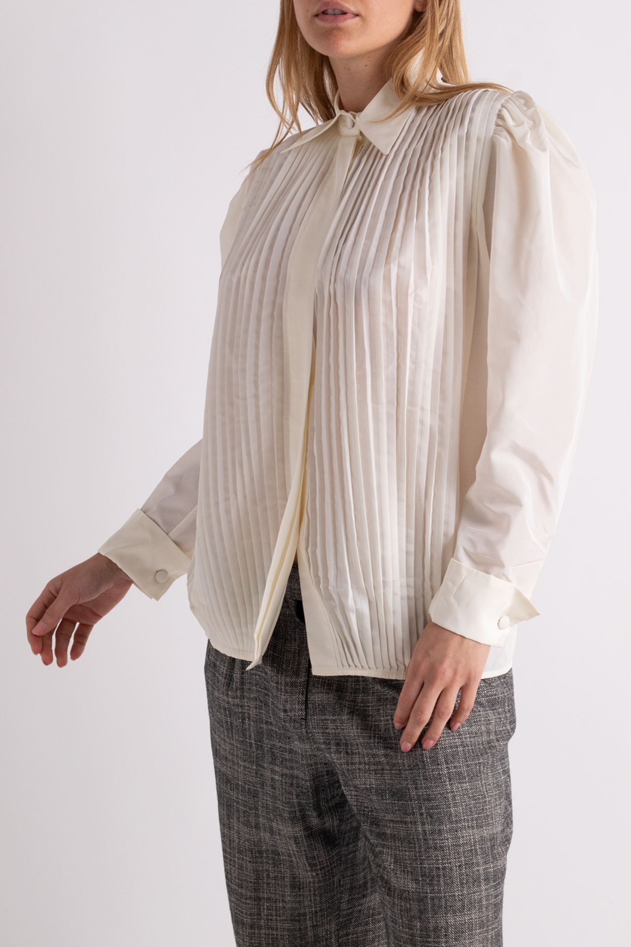 Vintage White Pleated Button Down Top