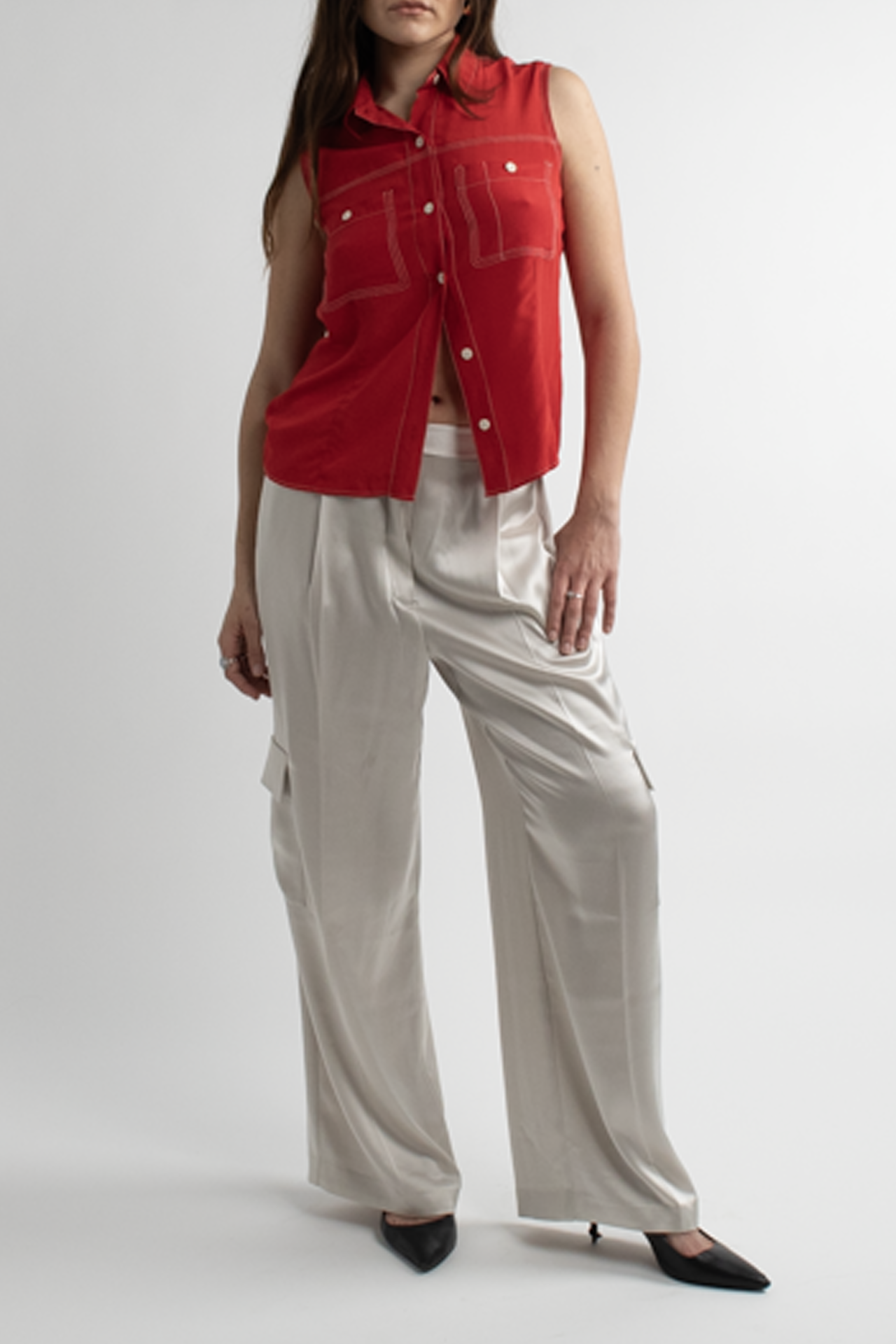 Vintage Red Sleeveless Silk Button Down with Stitching