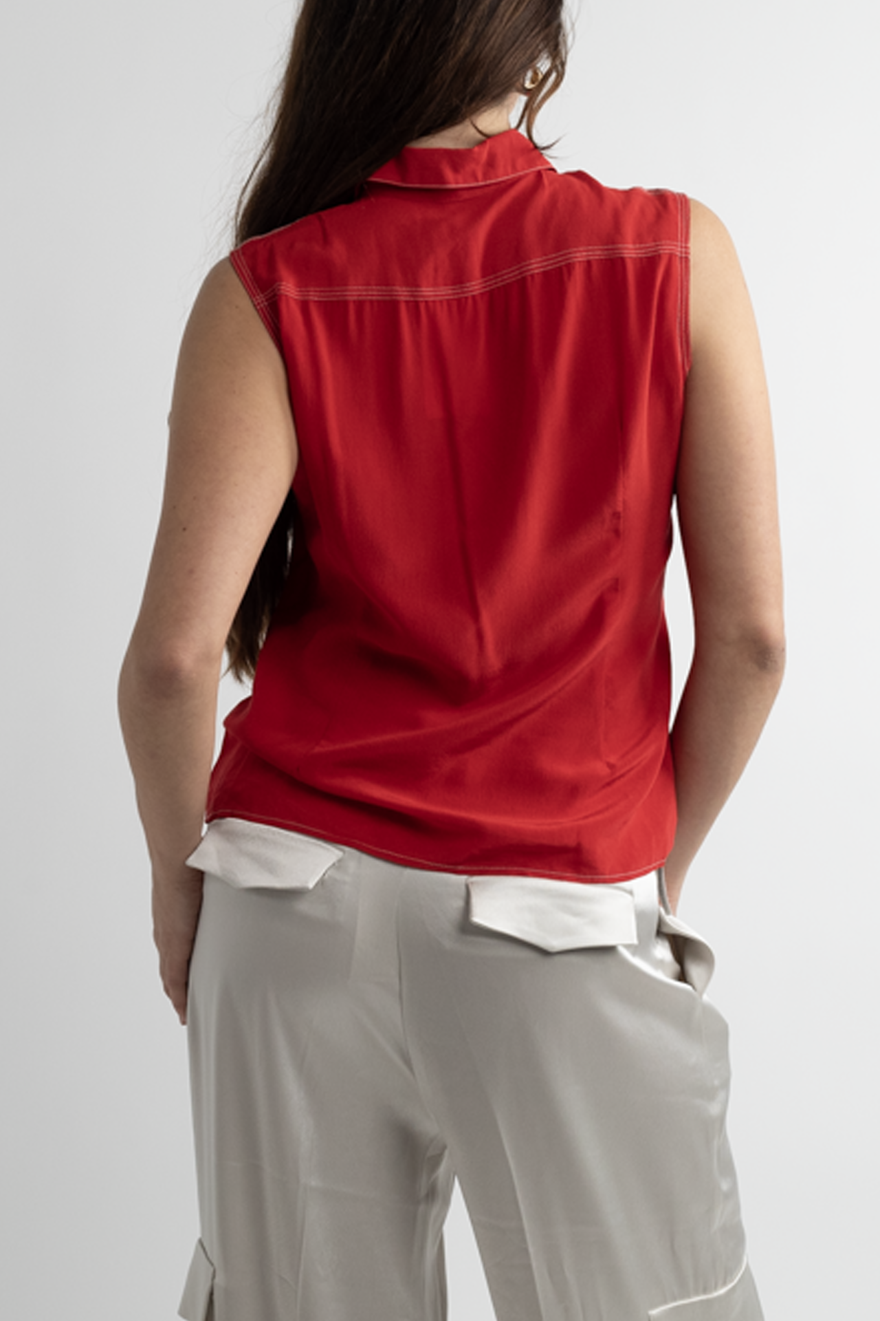 Vintage Red Sleeveless Silk Button Down with Stitching