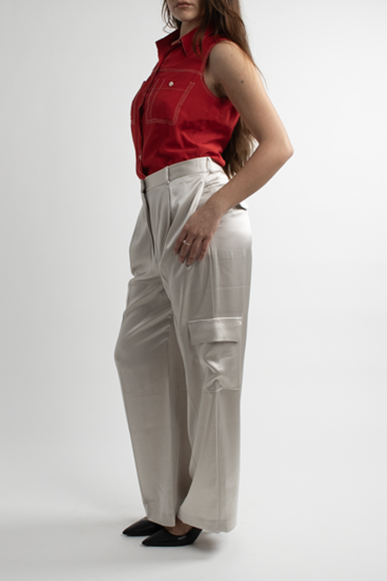 Vintage Red Sleeveless Silk Button Down with Stitching