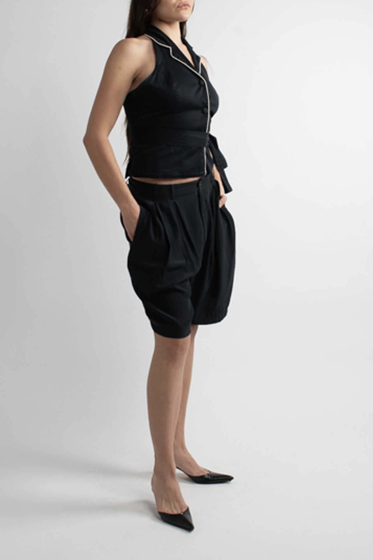 Vintage Black Tuxedo Style Halter Top with White Piping