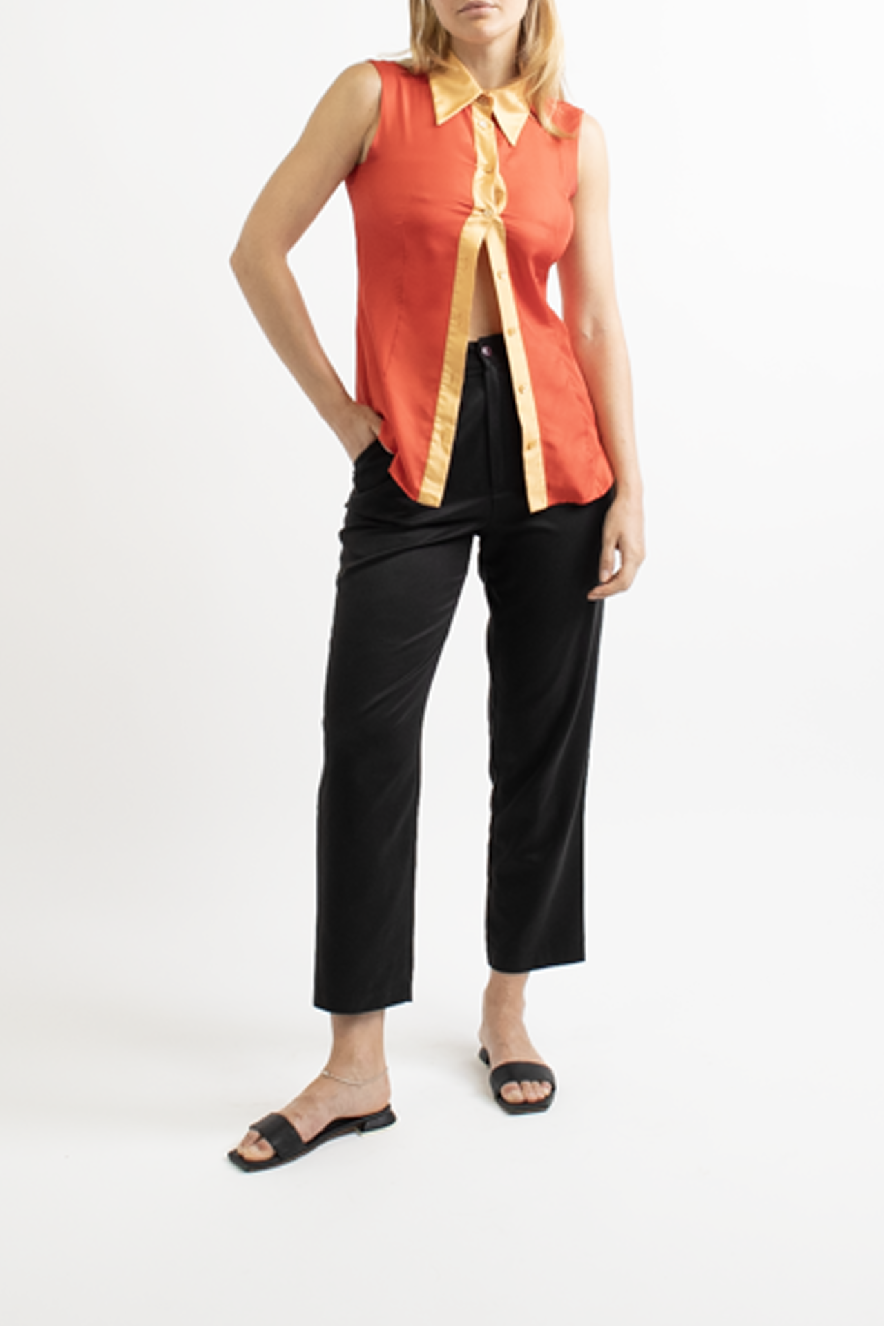 Prada Orange Collared Sleeveless Button Down Top