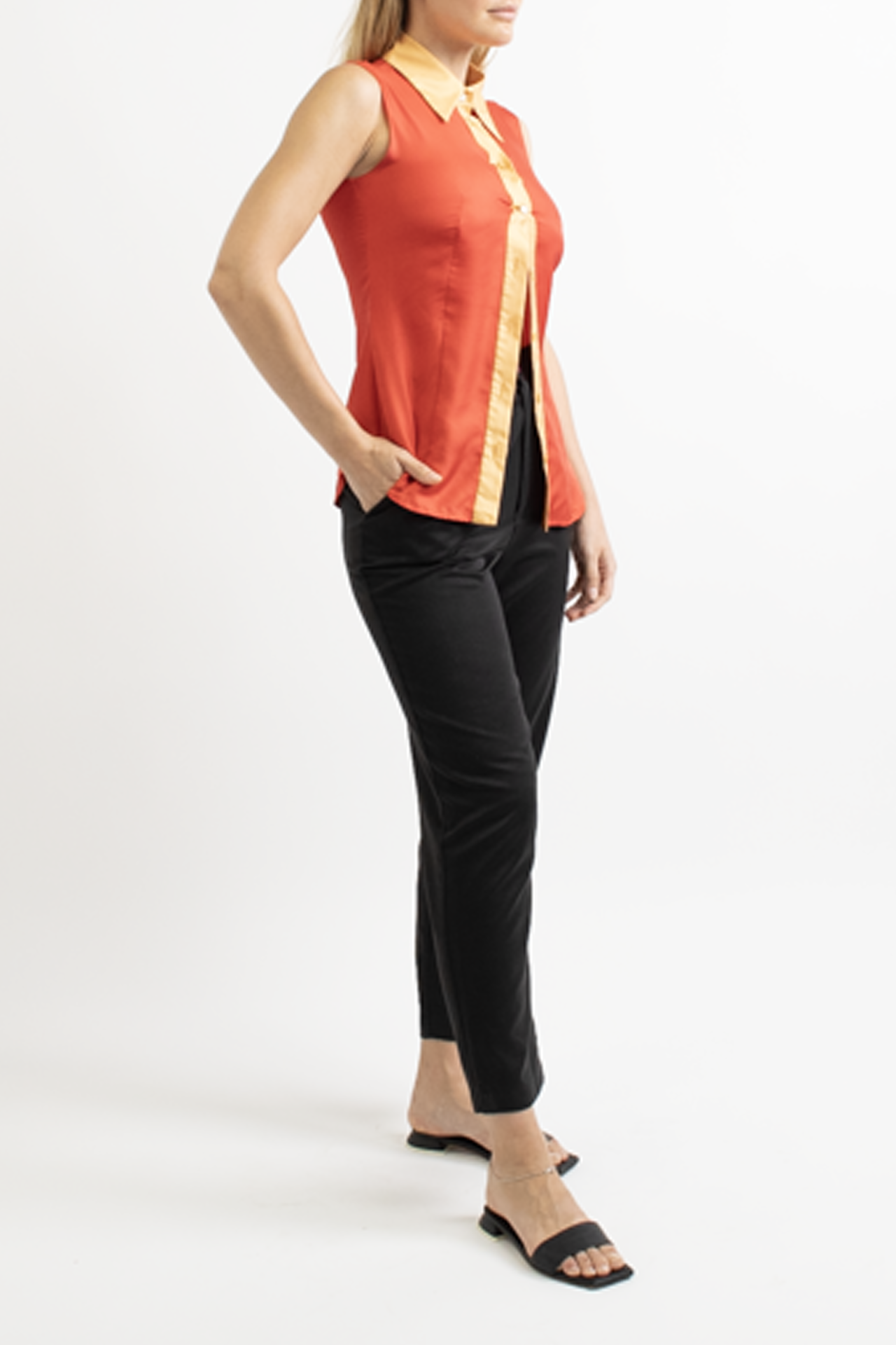 Prada Orange Collared Sleeveless Button Down Top