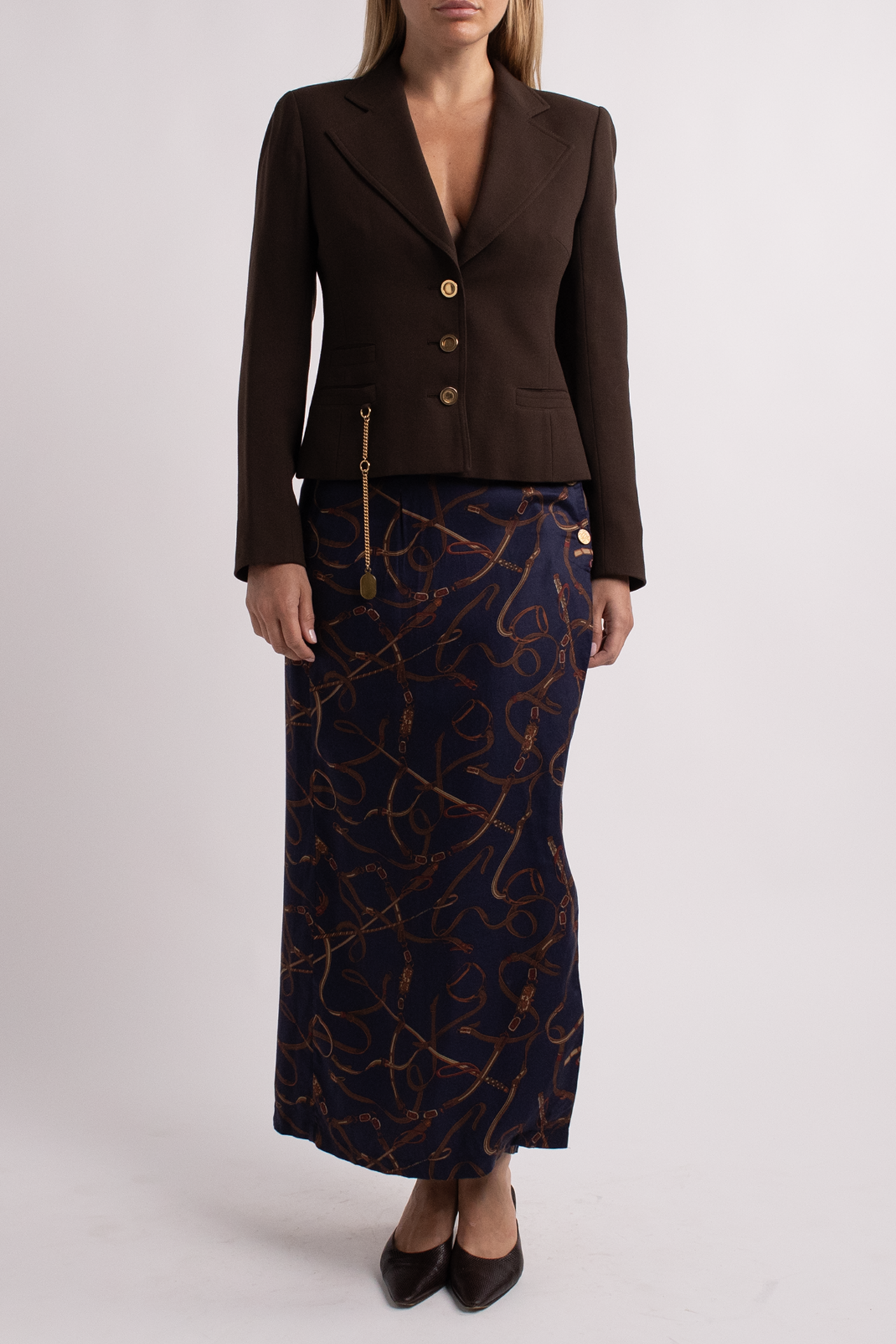 Vintage Navy Maxi Skirt with Gold Buttons