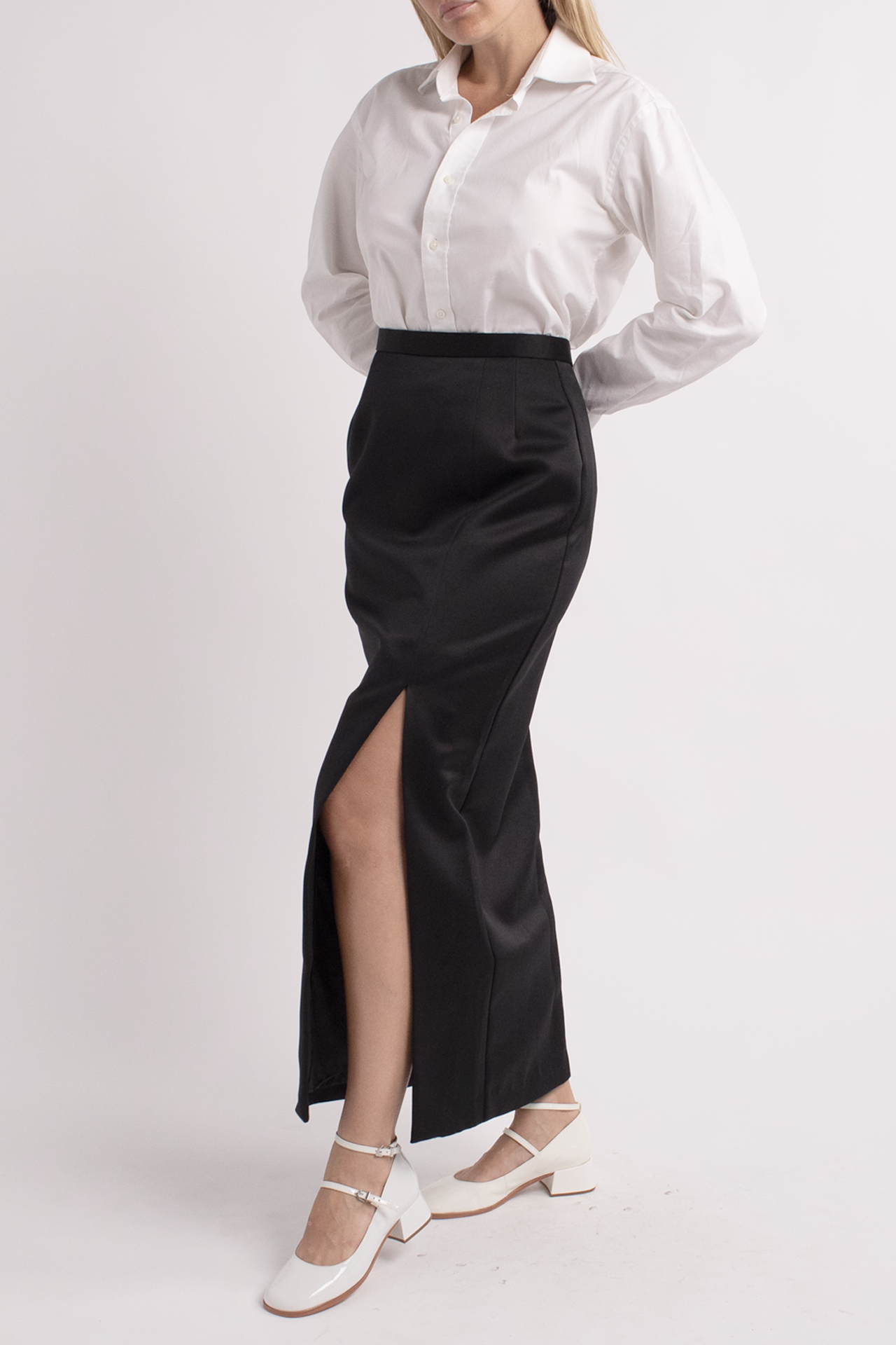 Vintage Black Satin Midi Skirt