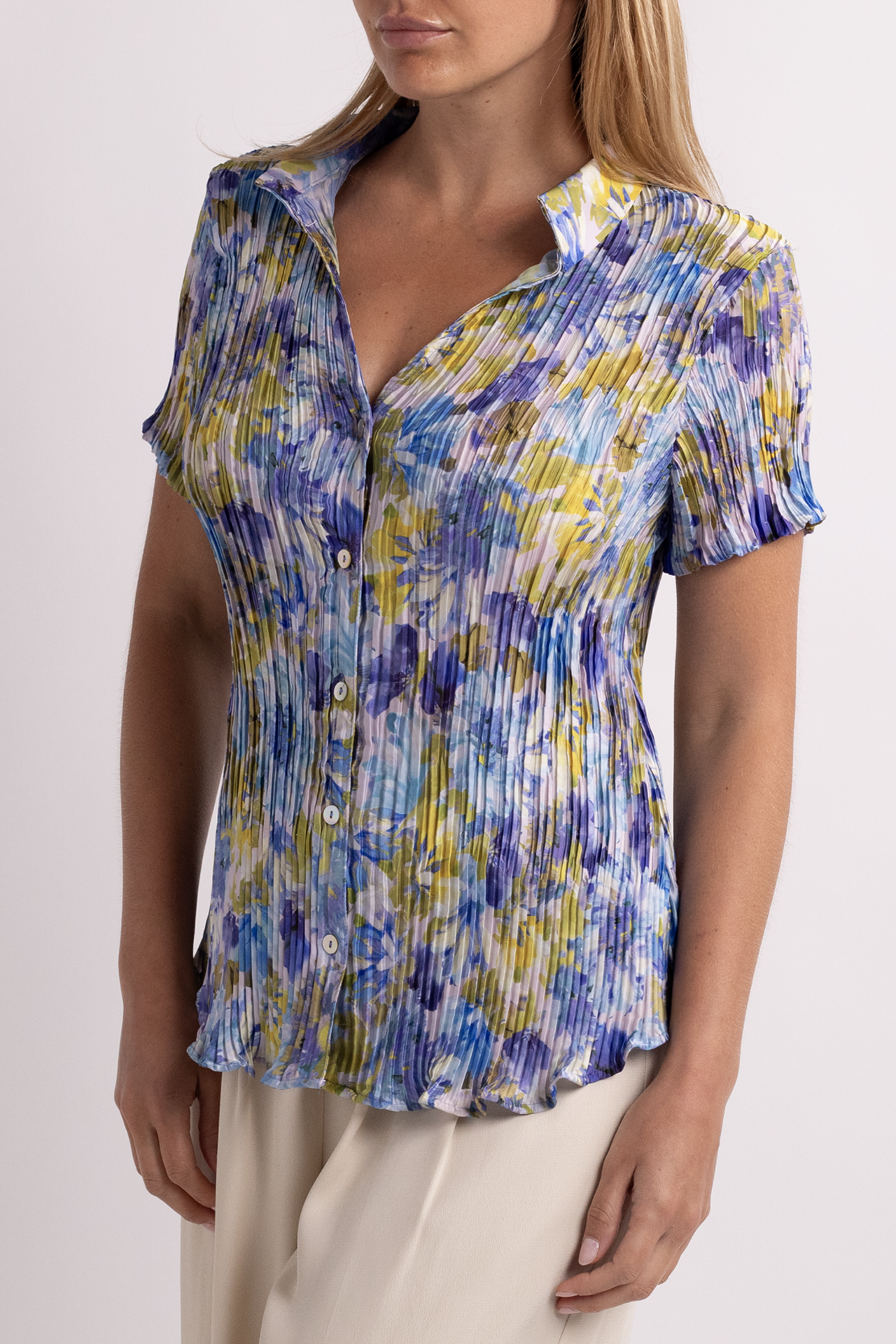 Vintage Blue & Green Floral Ribbed Button Down Blouse
