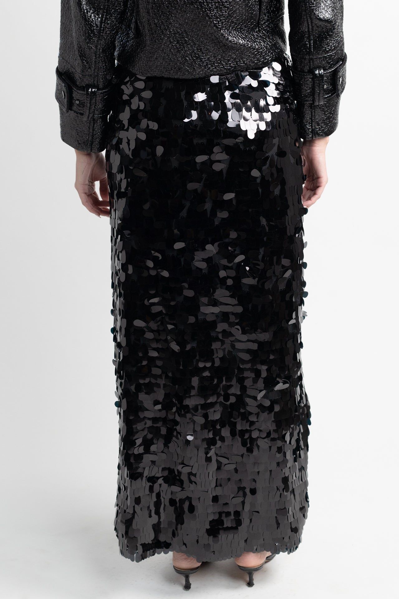 Black Sequin Midi Skirt with Side Cutout