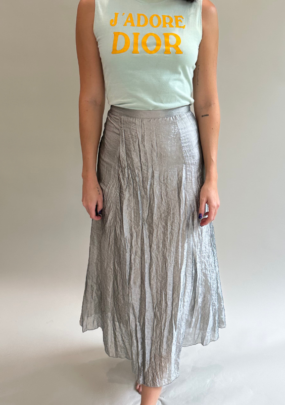 Vintage Metallic Crinkled A-Line Midi Skirt