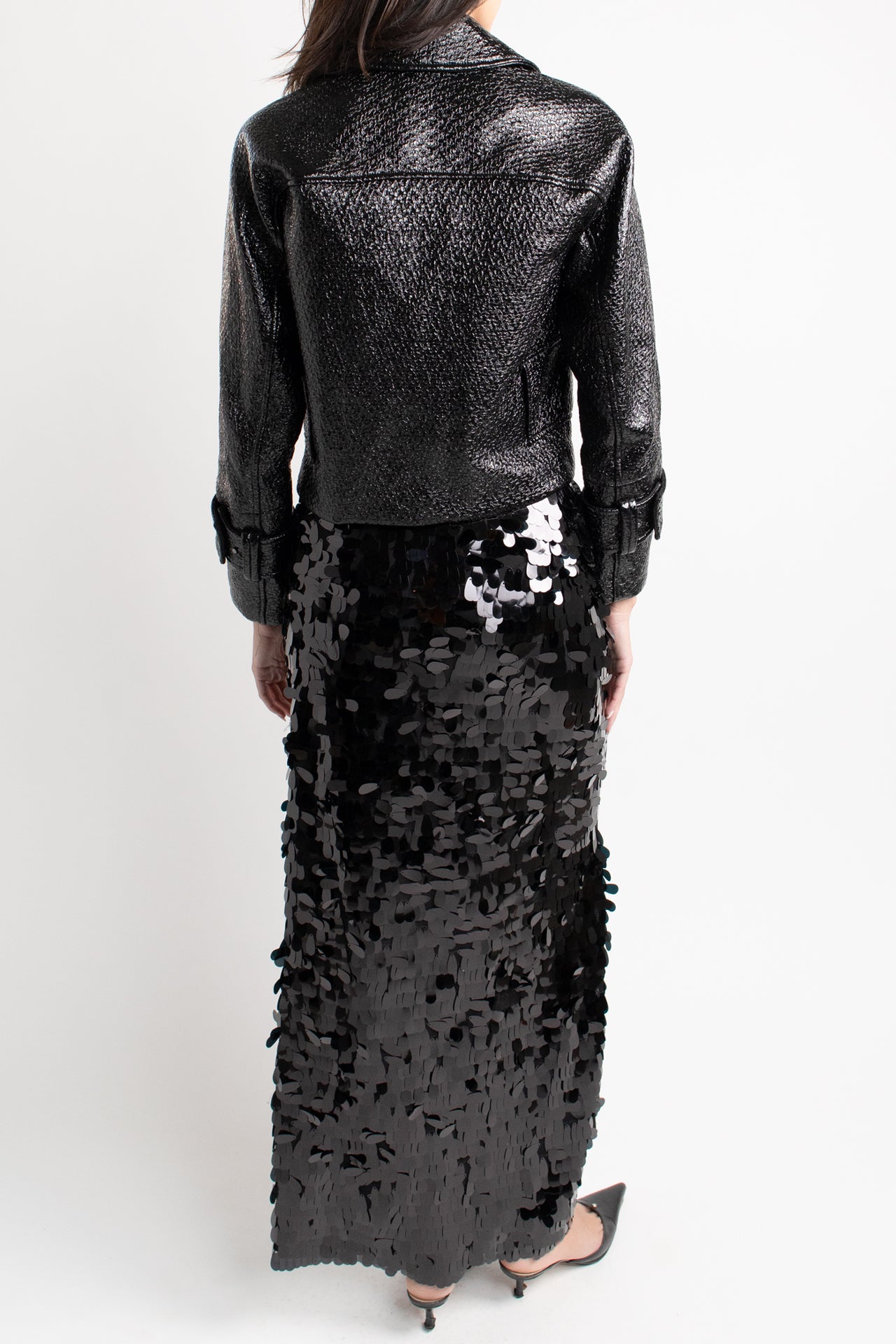 Black Sequin Midi Skirt with Side Cutout
