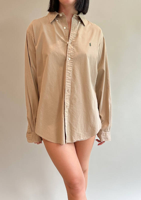 Vintage Ralph Lauren Men's Beige Button Down Shirt