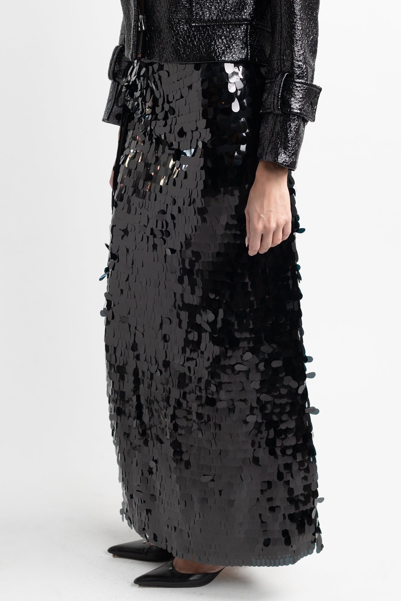 Black Sequin Midi Skirt with Side Cutout