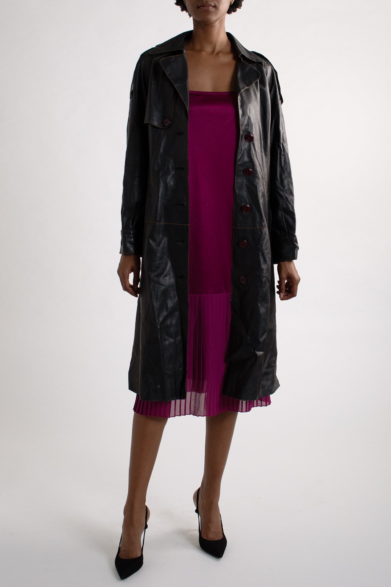 Vintage Black Leather Trench Coat