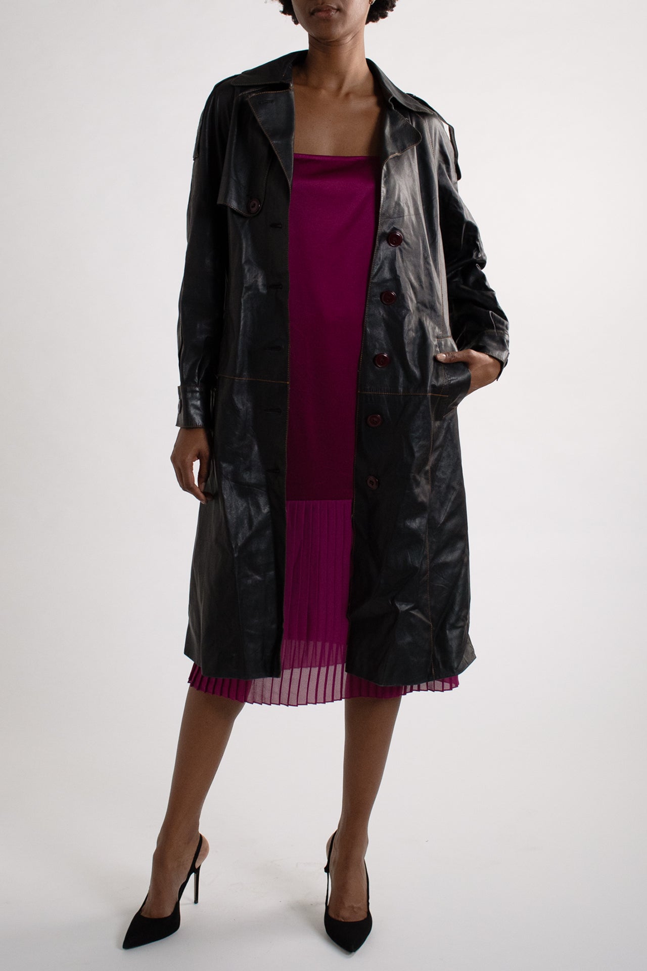 Vintage Black Leather Trench Coat