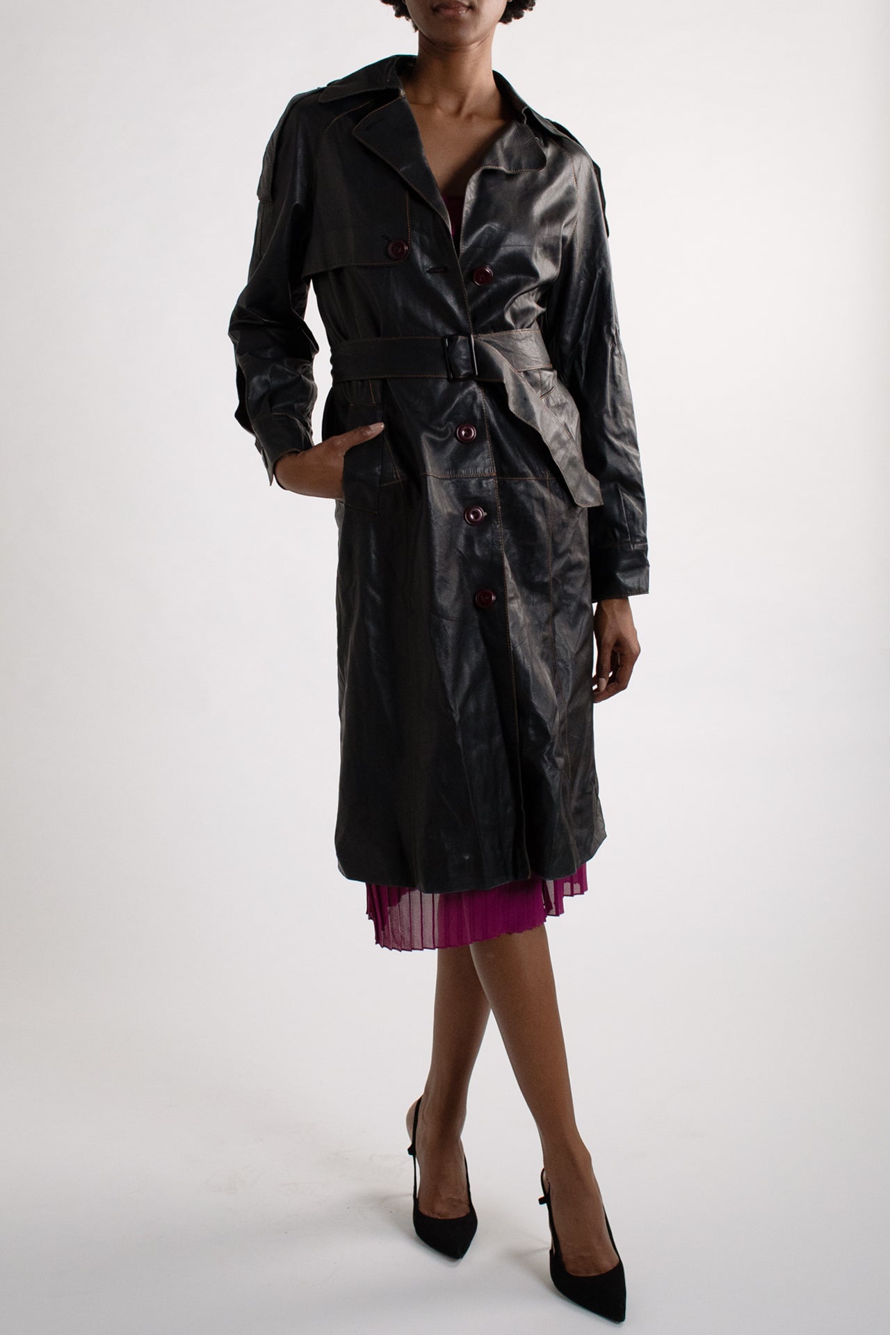 Vintage Black Leather Trench Coat