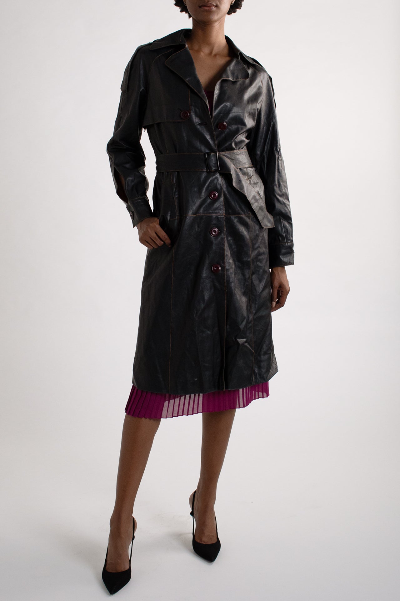 Vintage Black Leather Trench Coat