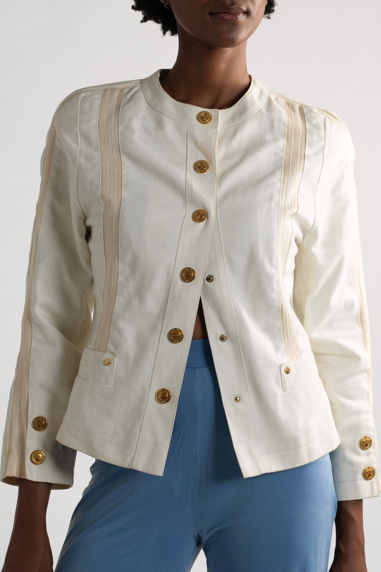 Louis Feraud Vintage White Denim Jacket with Gold Buttons The Archive Project