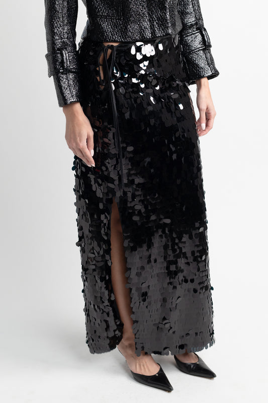 Black Sequin Midi Skirt with Side Cutout