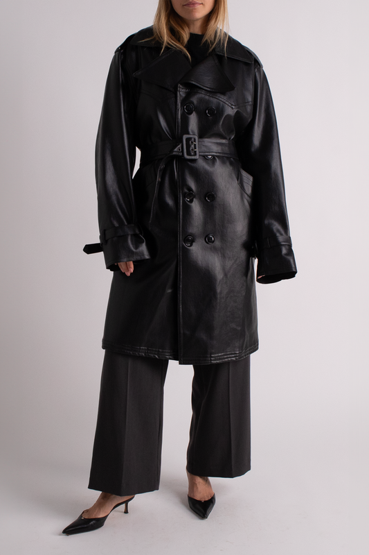 Black Oversized Leather Trench Coat