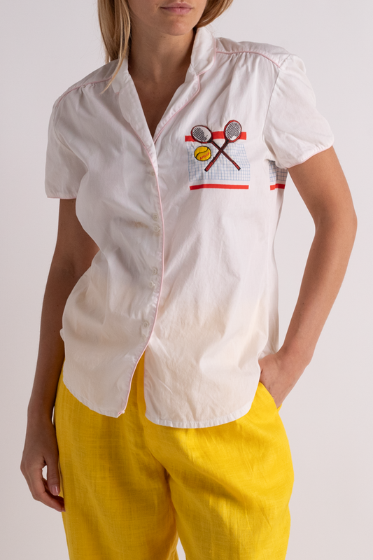 90's Cotton Button Up Shirt with Tennis Embroidery