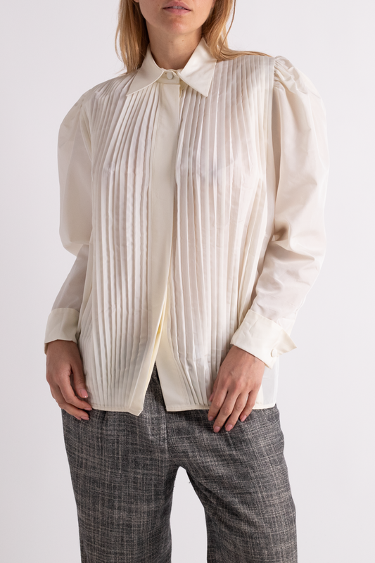 Vintage White Pleated Button Down Top