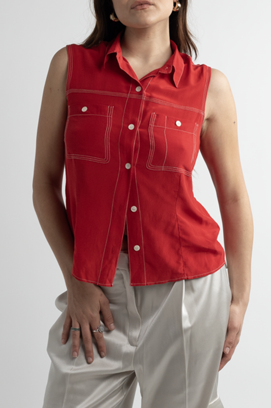 Vintage Red Sleeveless Silk Button Down with Stitching