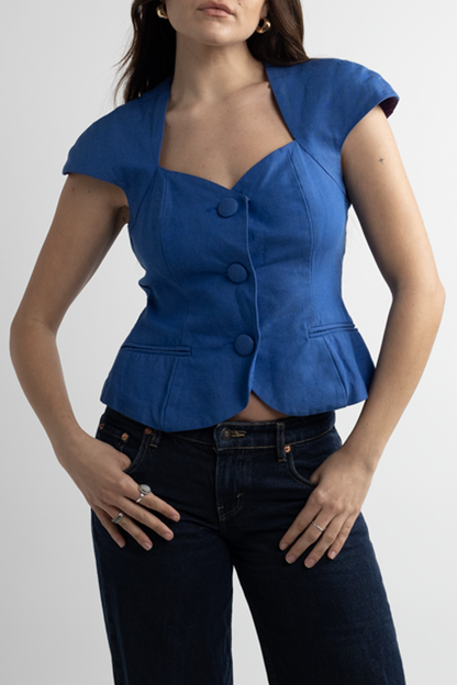 Vintage Royal Blue Button Top with Shoulder Pads