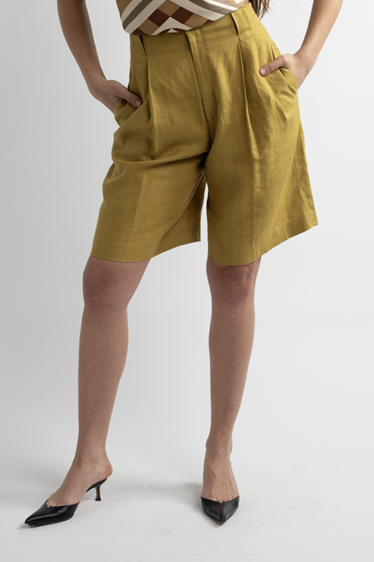 Green Long High Waisted Linen Shorts