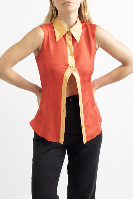 Prada Orange Collared Sleeveless Button Down Top