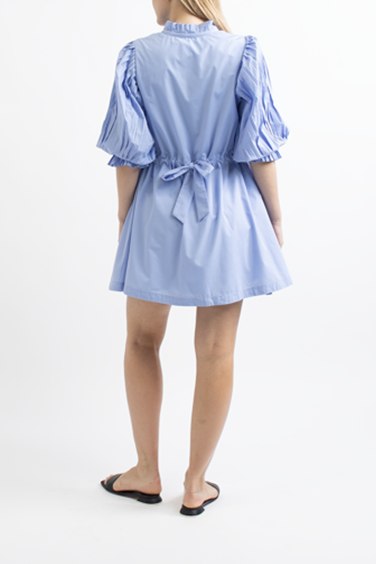 Sovere Blue Mini Dress with Pleated Sleeves