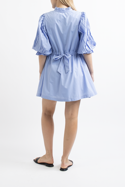 Sovere Blue Mini Dress with Pleated Sleeves