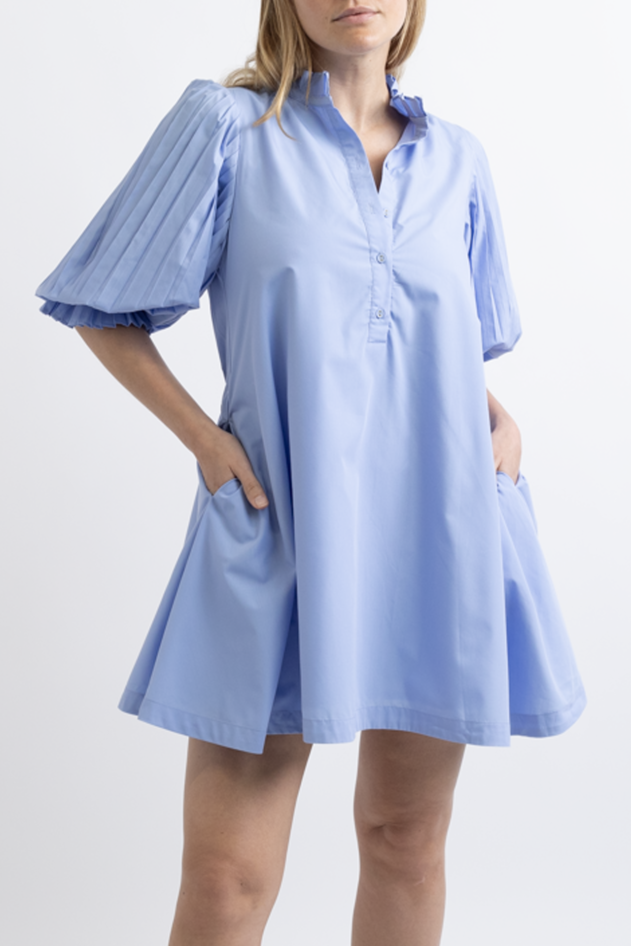 Sovere Blue Mini Dress with Pleated Sleeves