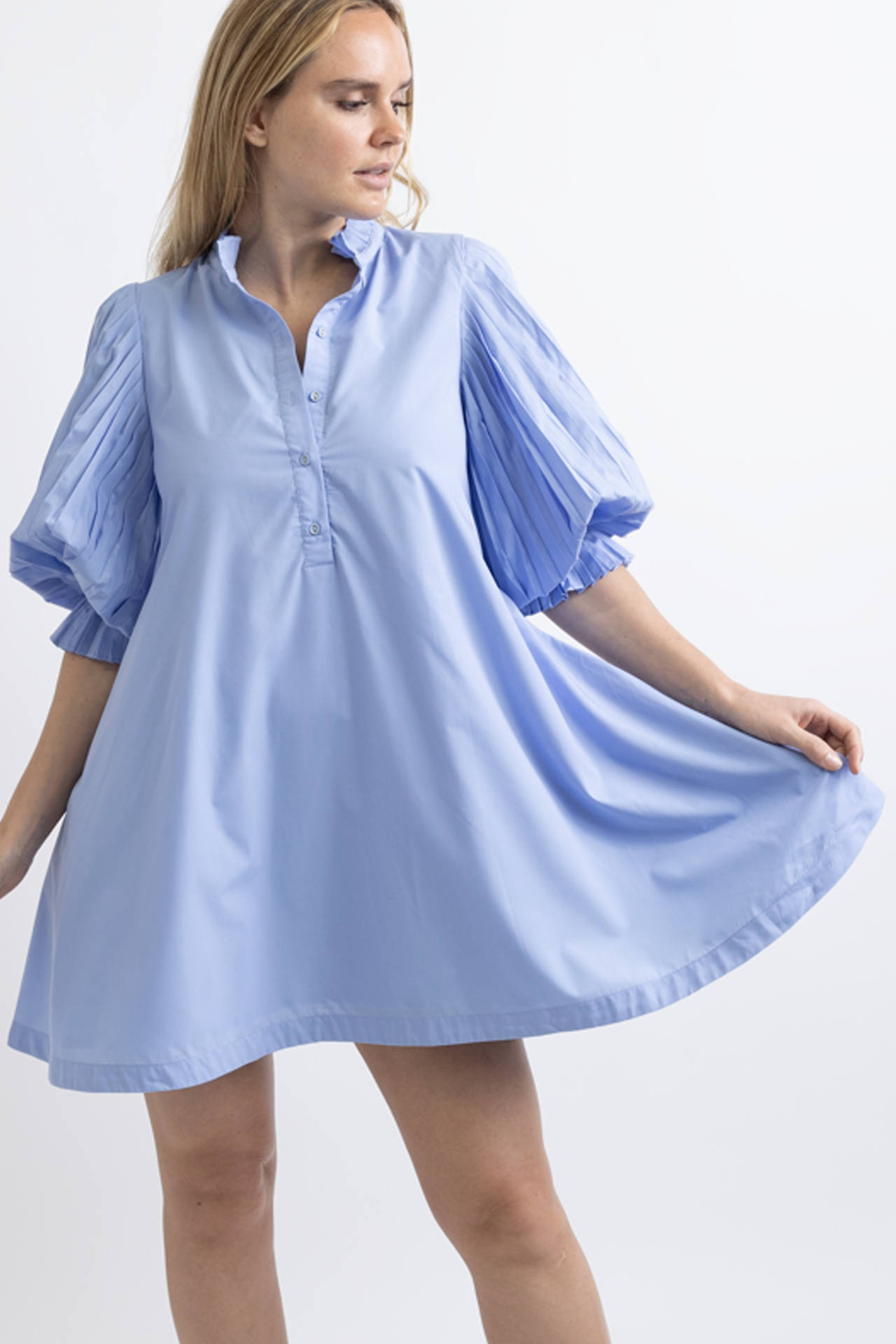 Sovere Blue Mini Dress with Pleated Sleeves