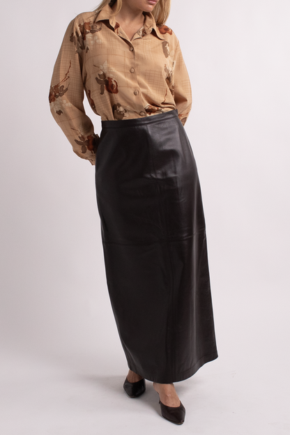 Brown Leather Midi Skirt