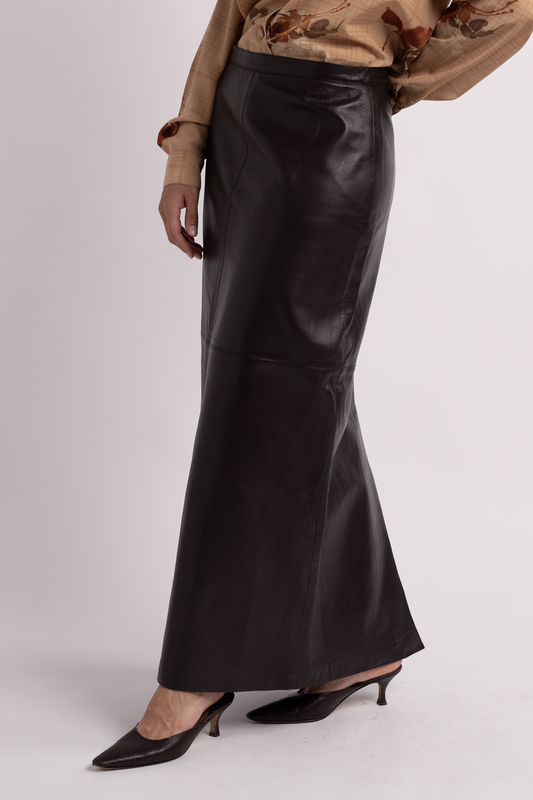 Brown Leather Midi Skirt