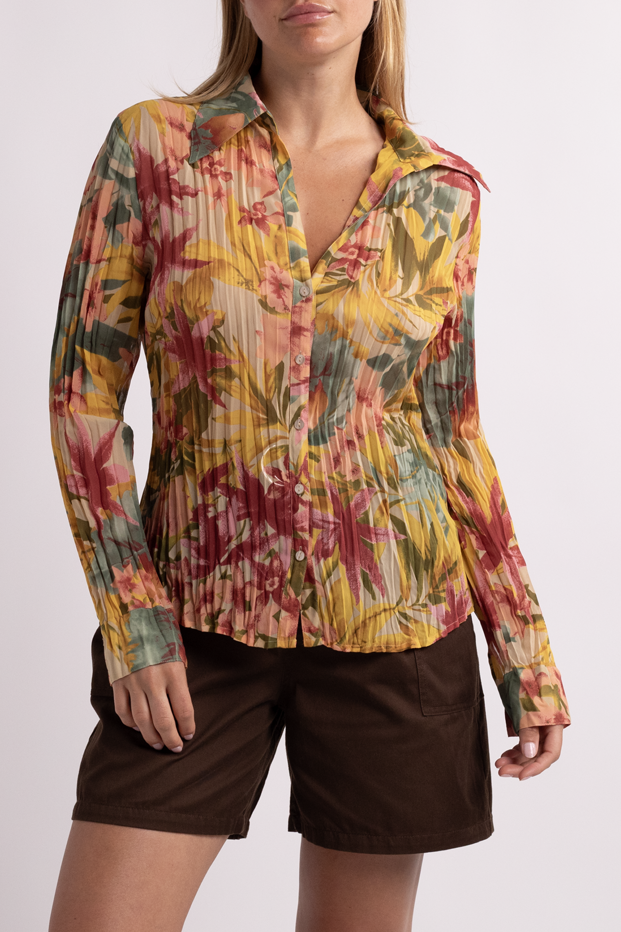 Colorful Floral Pleated Button Down