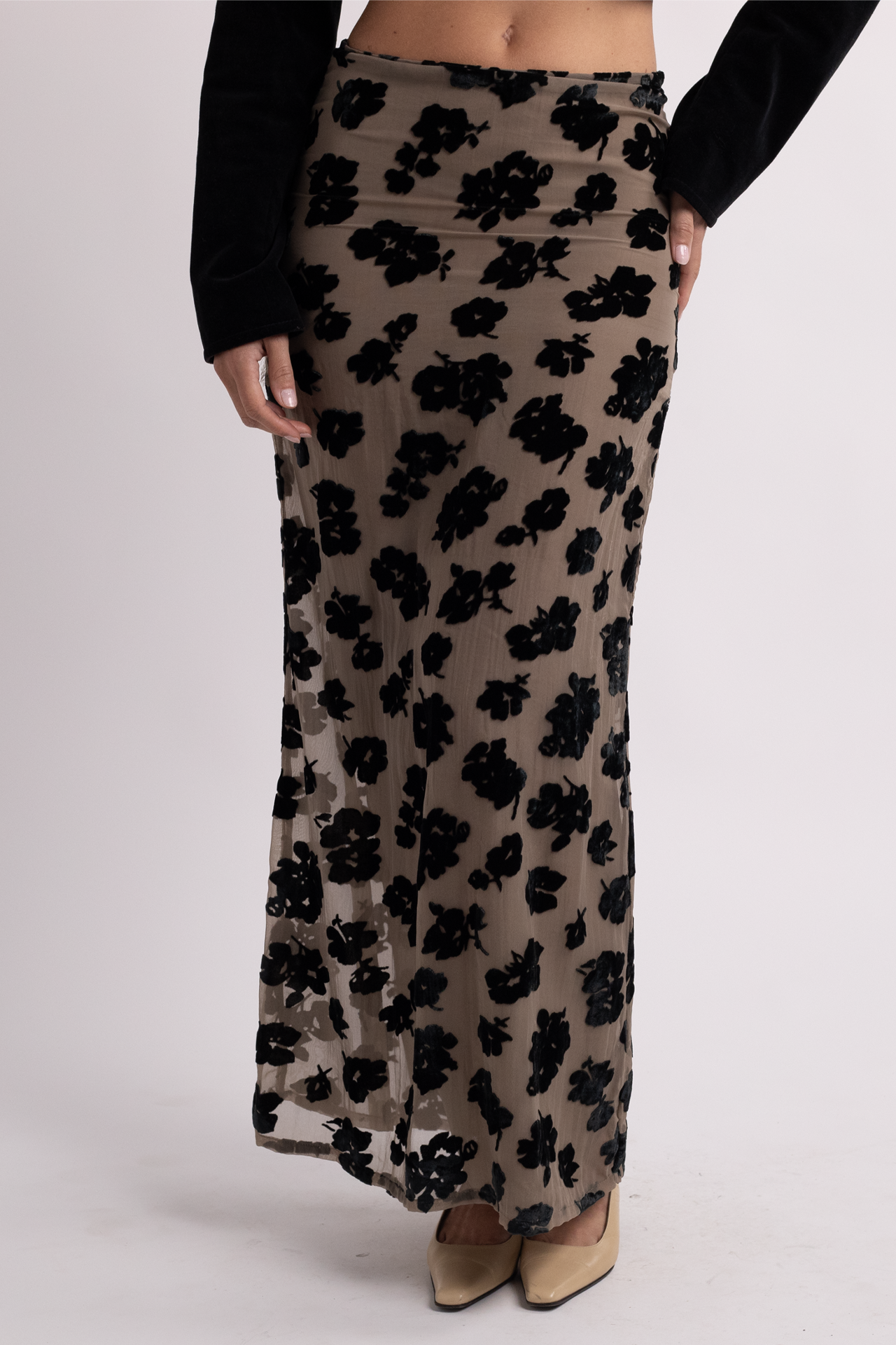 Flowy Maxi Skirt with Suede Floral Design