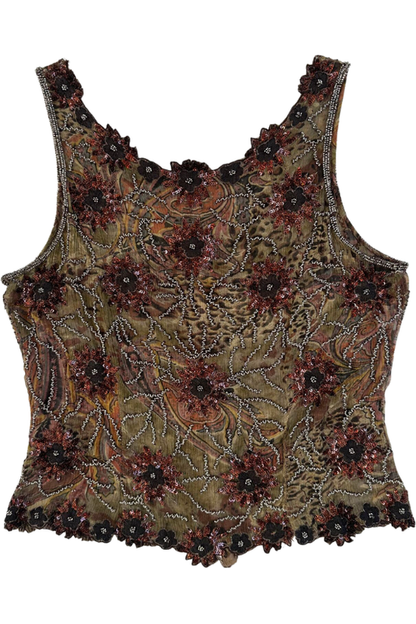 Vintage Brown Beaded Silk Sheer Top