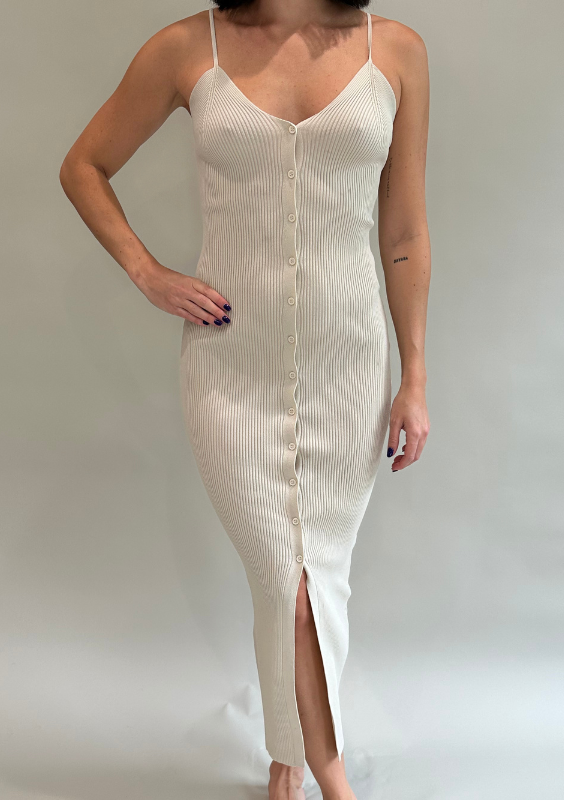 Cream Ribbed Spaghetti Strap Dress with Buttons