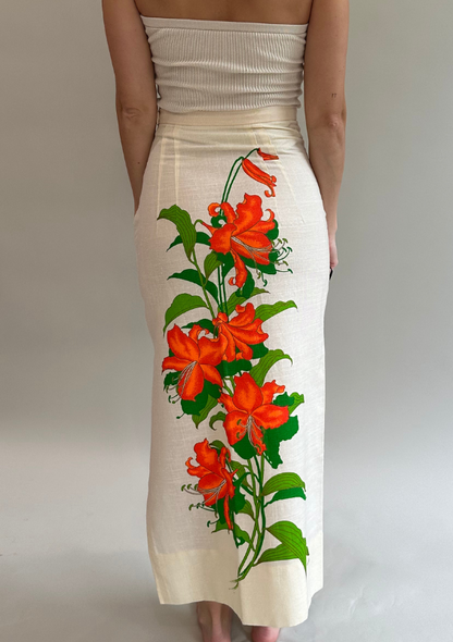 Vintage 1910's Hand-Painted Floral Linen Skirt with Slit