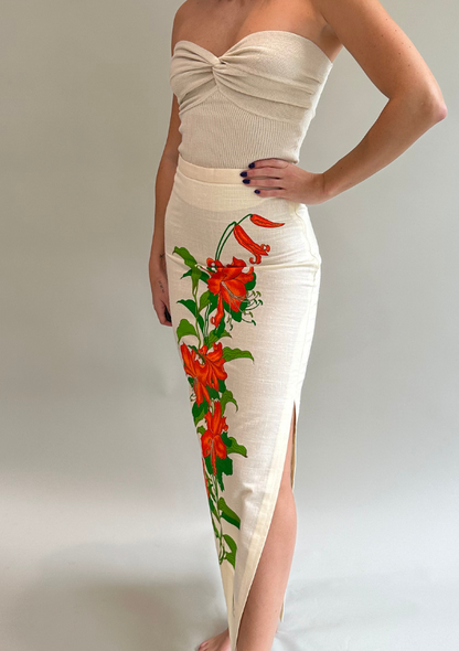 Vintage 1910's Hand-Painted Floral Linen Skirt with Slit