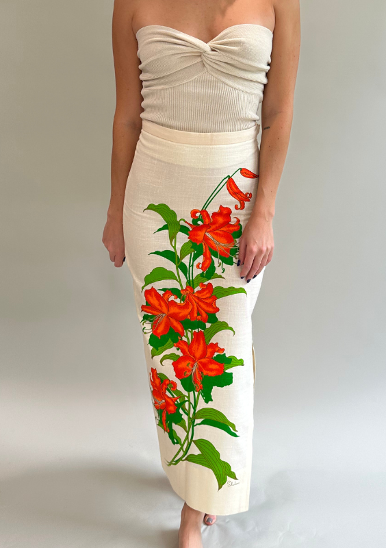 Vintage 1910's Hand-Painted Floral Linen Skirt with Slit