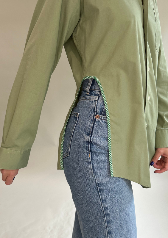 Vintage Upcycled Green Button Down with Side Detailing