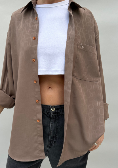 Vintage Taupe Silk Oversized Button Down